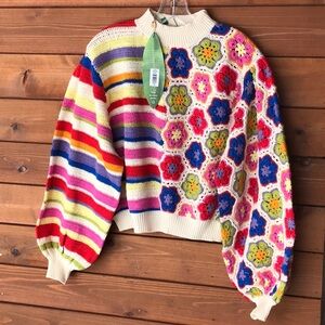 FARM Rio Rainbow Crochet Squares Sweater